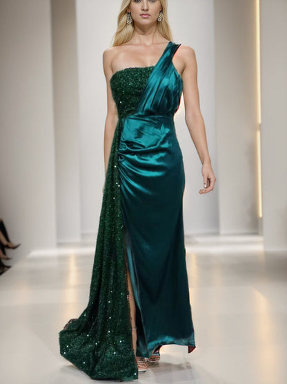 Damen Abendkleid mit Pailletten und Schlitz schwarz