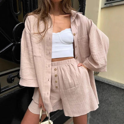 Damen Kurzarm-Set Oversized-Hemd Bequeme Shorts - Norvielle