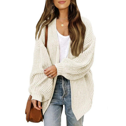 Damen Strickjacke Oversized Luftig V-Ausschnitt Beige