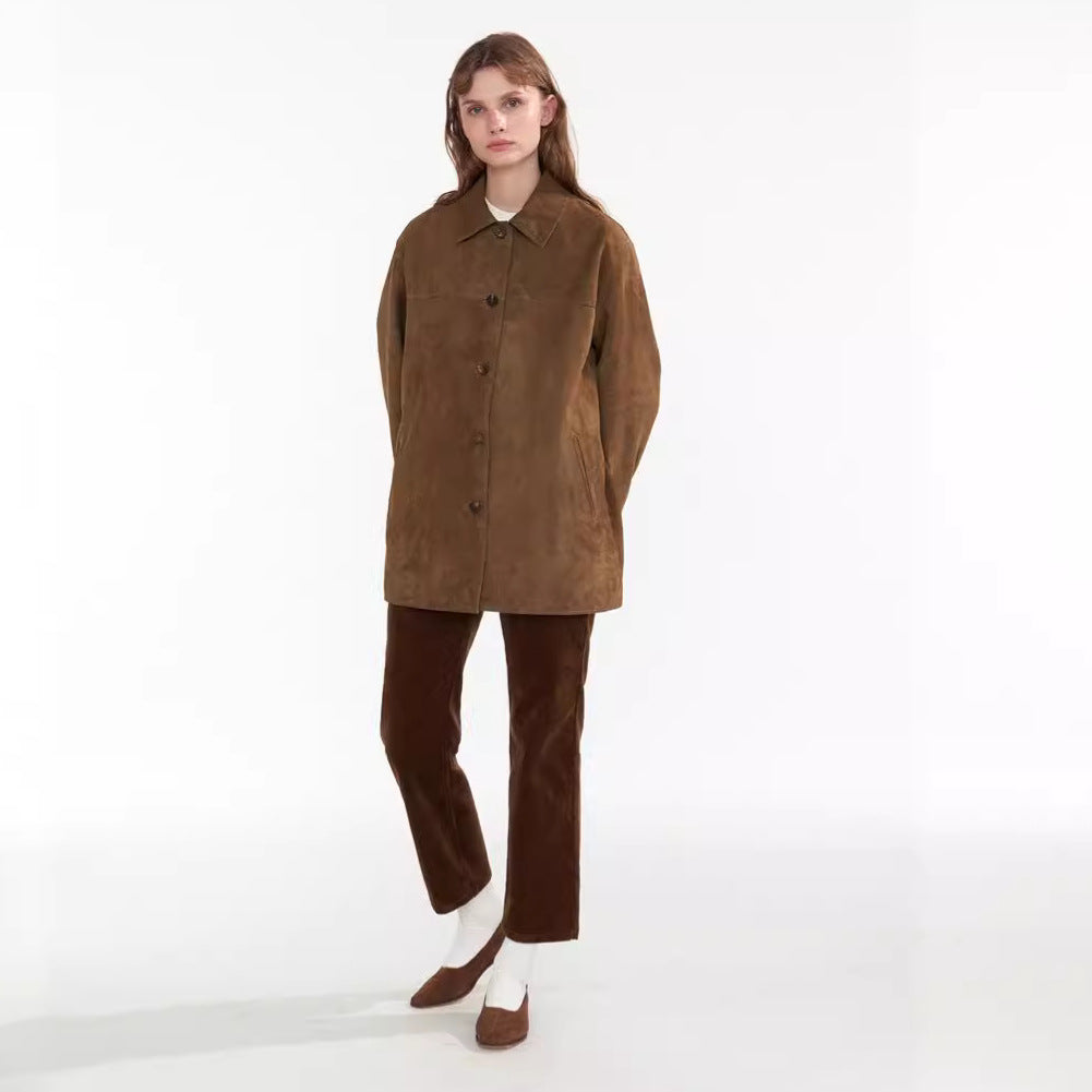 Damen Wildlederjacke Button-Verschluss