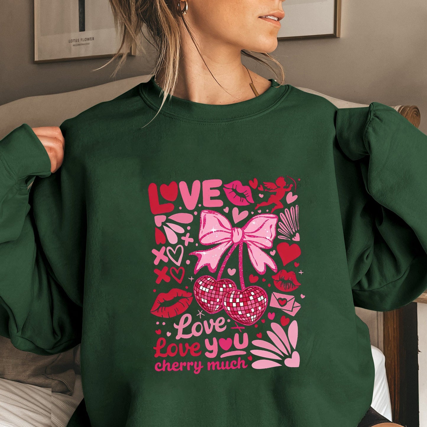 Damen Sweatshirt Voluminöse Ärmel Kirschmotiv Grün