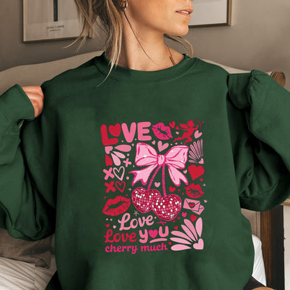 Damen Sweatshirt Voluminöse Ärmel Kirschmotiv Grün
