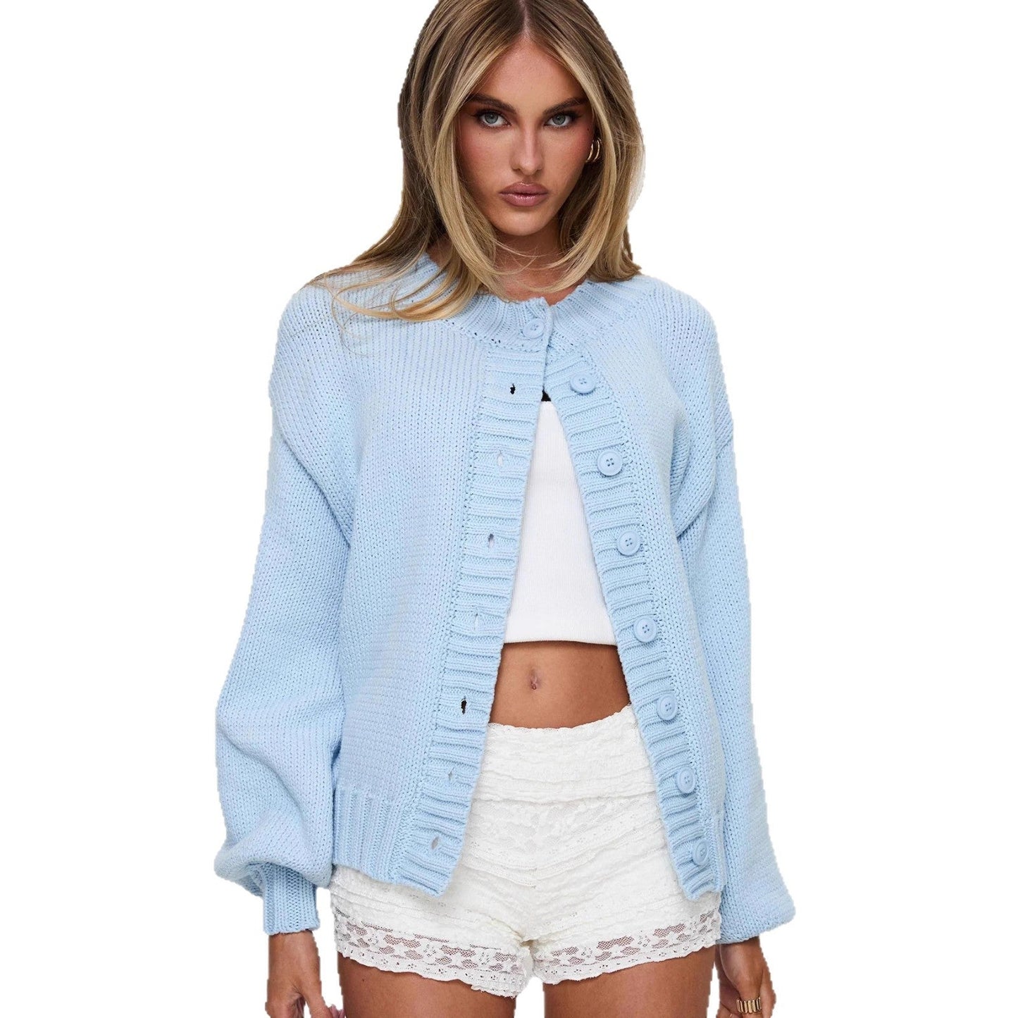 Damen Strickjacke Voluminöse Ärmel Dekorative Knöpfe Norvielle