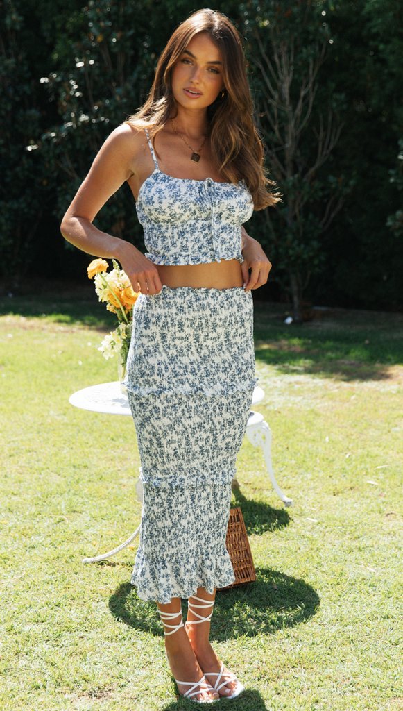 Damen Crop- Set Midi-Rock Floralmuster