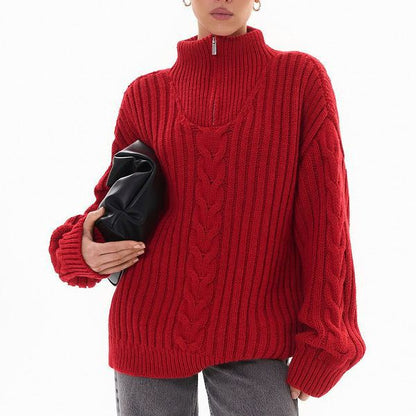 Damen Grobstrickpullover Zip-Kragen Zopf-Design Norvielle