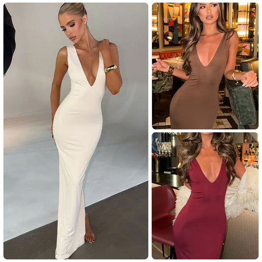 Damenkleid Figurbetonter Stil V-Ausschnitt Schwingender Saum Schwarz - Norvielle