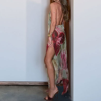 Damen Maxikleid Blumenmuster Durchsichtig Schlank