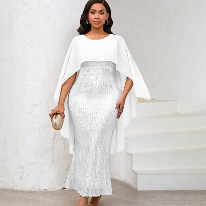 Damen Abendkleid Pailletten Cape Schimmernd
