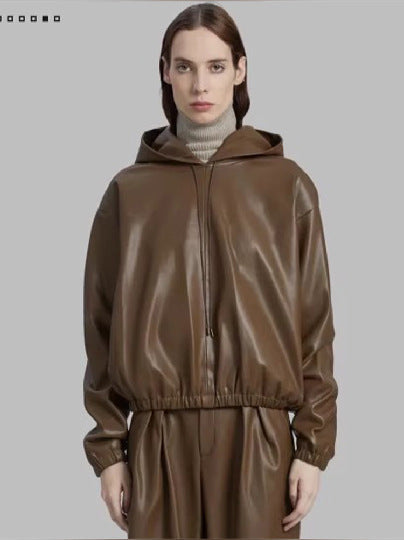 Damen Lederjacke mit Kapuze Kunstleder