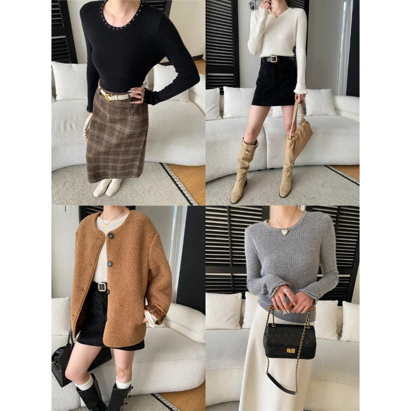 Damen Strickpullover Elegantes Design Dekorative Details Beige