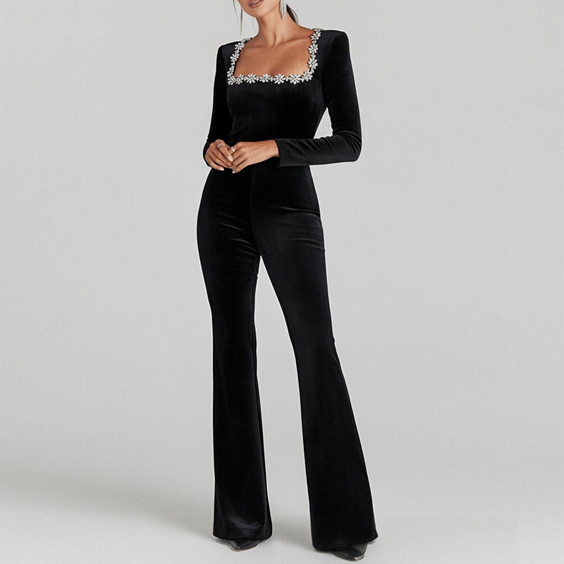 Damen Flared Overall Floralmuster Langer Ärmel Schwarz - Norvielle