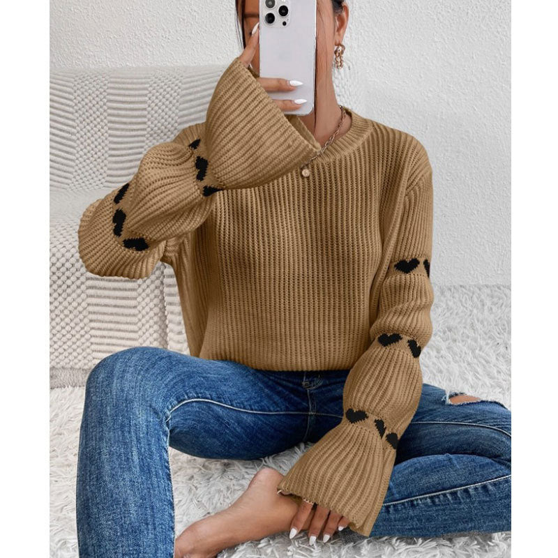 Damen Strickpullover Weite Ärmel Herz Applikationen Norvielle