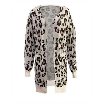 Damen Cardigan Leopardenmuster Baumwolle Mit Taschen Beige