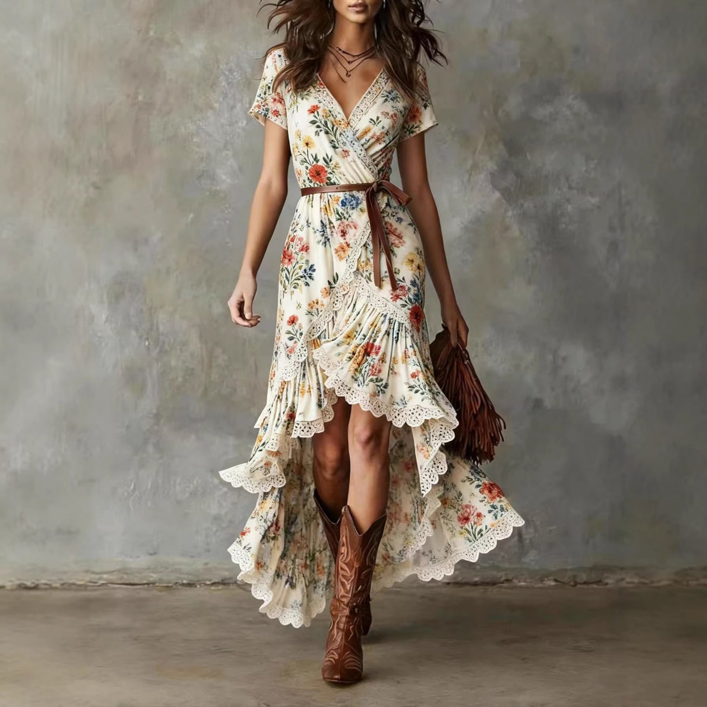 Damen Wickelkleid mit Spitzenakzenten und Blumenmuster