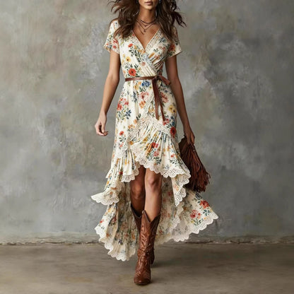 Damen Wickelkleid mit Spitzenakzenten und Blumenmuster
