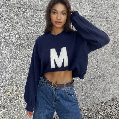 Damen Oversized Strickpullover mit Frontmotiv Norvielle