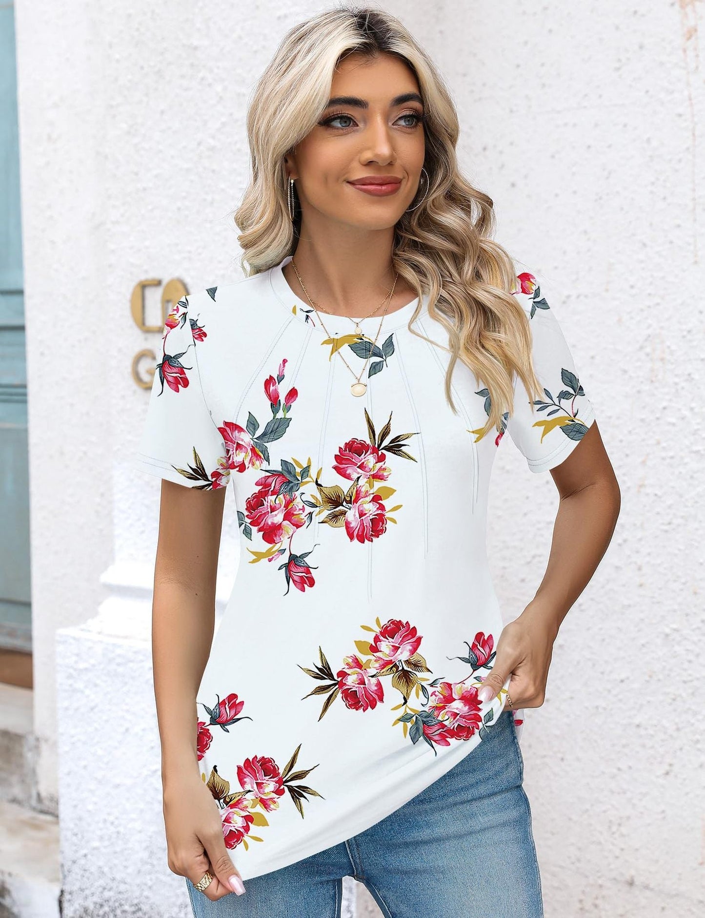 Damen Plissee-T-Shirt Rundhalsausschnitt
