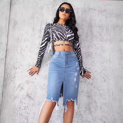 Damen Denim-Rock Asymmetrisch Destroyed