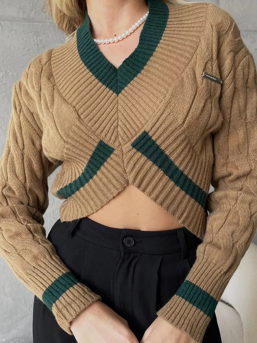 Damen Strickpullover V-Ausschnitt Kontrastdetails Norvielle