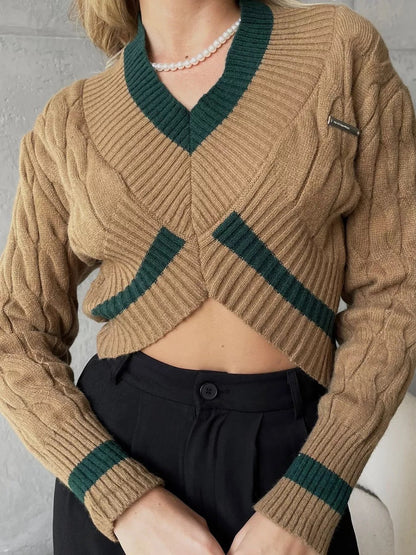 Damen Strickpullover V-Ausschnitt Kontrastdetails Norvielle