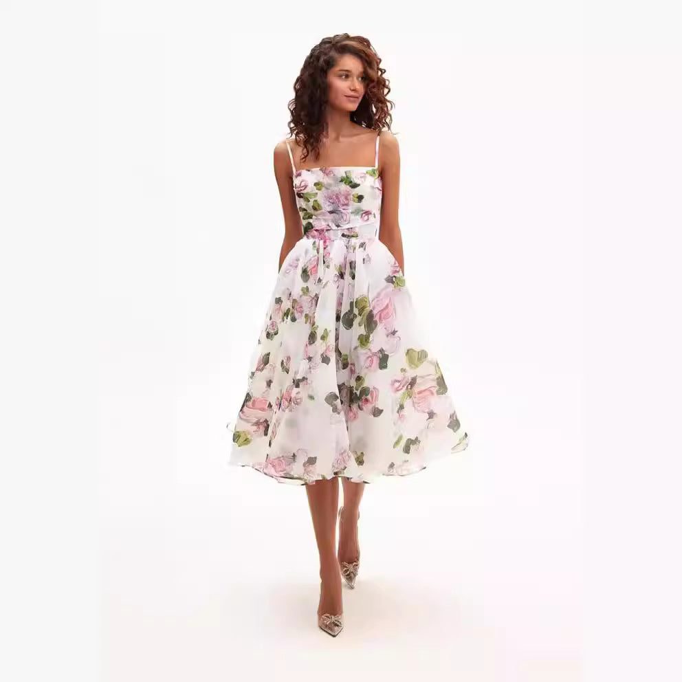 Damen Midi-Kleid Florales Chiffon Mit Taillengürtel Schwarz - Norvielle