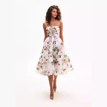 Damen Midi-Kleid Florales Chiffon Mit Taillengürtel Schwarz - Norvielle