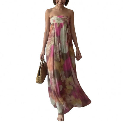Damen Strandkleid Schulterfrei Florales Muster Lang