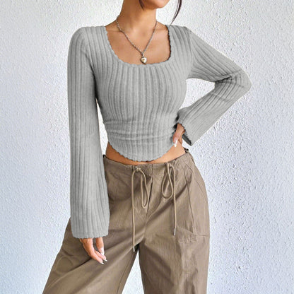 Damen Langarm Crop Rippdesign Abgerundet Norvielle
