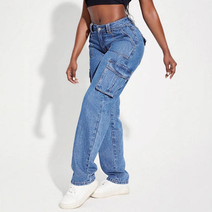 Damen Cargo Jeans Elastischer Bund Praktische Seitentaschen