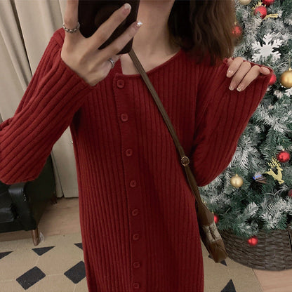 Damen Strickkleid Hochkragen Knopfverschluss Norvielle