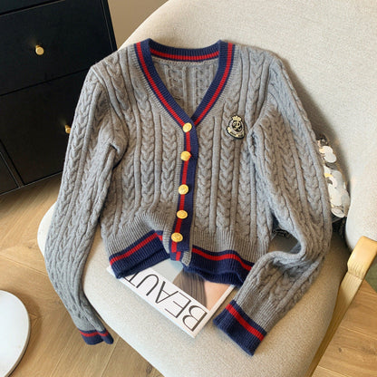 Damen Cardigan Grobstrick Dekorative Knöpfe Streifenmuster Beige