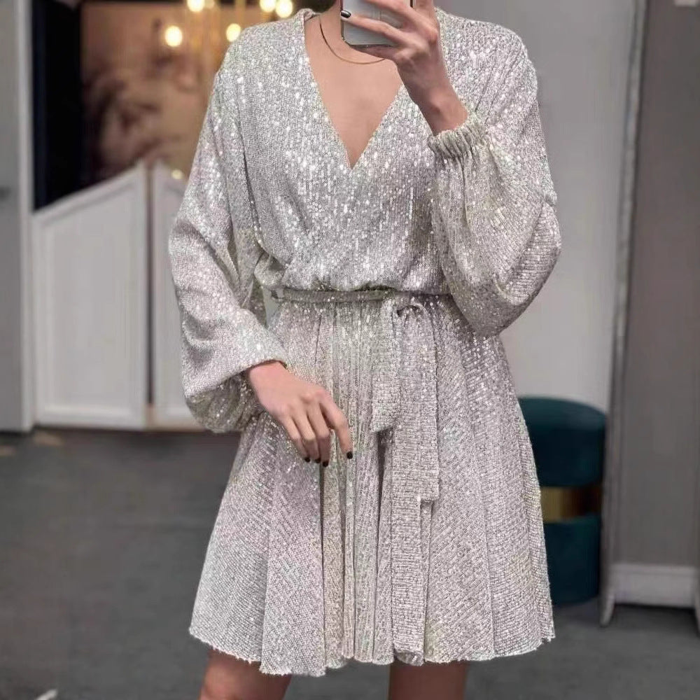 Damen Glitzerndes Mini-Kleid V-Ausschnitt Puffärmel Norvielle - Norvielle