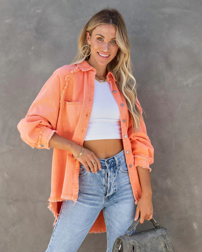 Damen Denim-Hemdjacke Oversized mit Fransen Detail