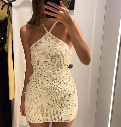 Damen Häkelkleid Kontrast-Blütenmuster Spaghettiträger Norvielle