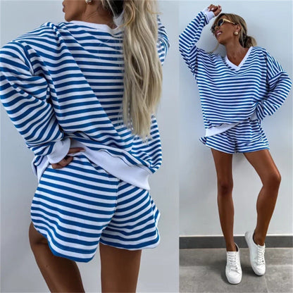 Damen Loungewear Set Streifen Weites Oberteil Shorts Norvielle