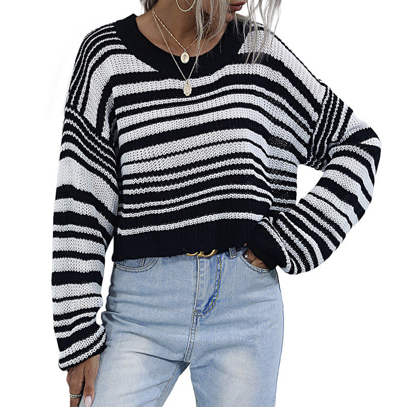 Damen Strickpullover Weit Modisches Streifenmuster Beige