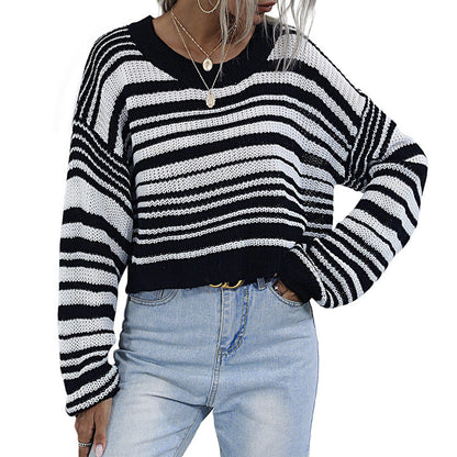 Damen Strickpullover Weit Modisches Streifenmuster Beige