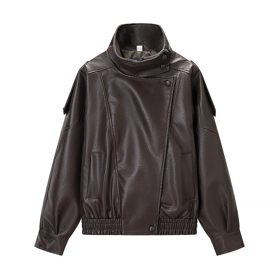 Damen Kunstlederjacke Hochkragen Praktische Taschen