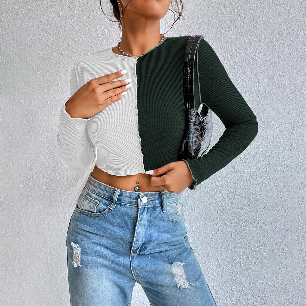 Damen Langarmshirt Cropped 2-Töner Rippdesign