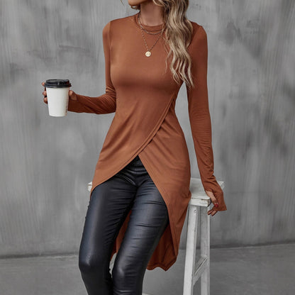 Damen Wickelkleid Langarm Asymmetrisch