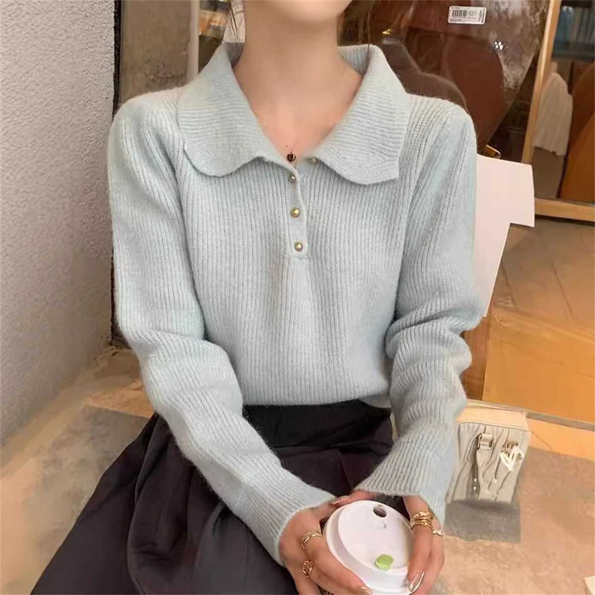 Damen Pullover Strukturiert Polo-Kragen Knöpfe Beige