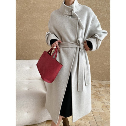 Damen Mantel Wollmix Lang Revers Schwarz - Norvielle