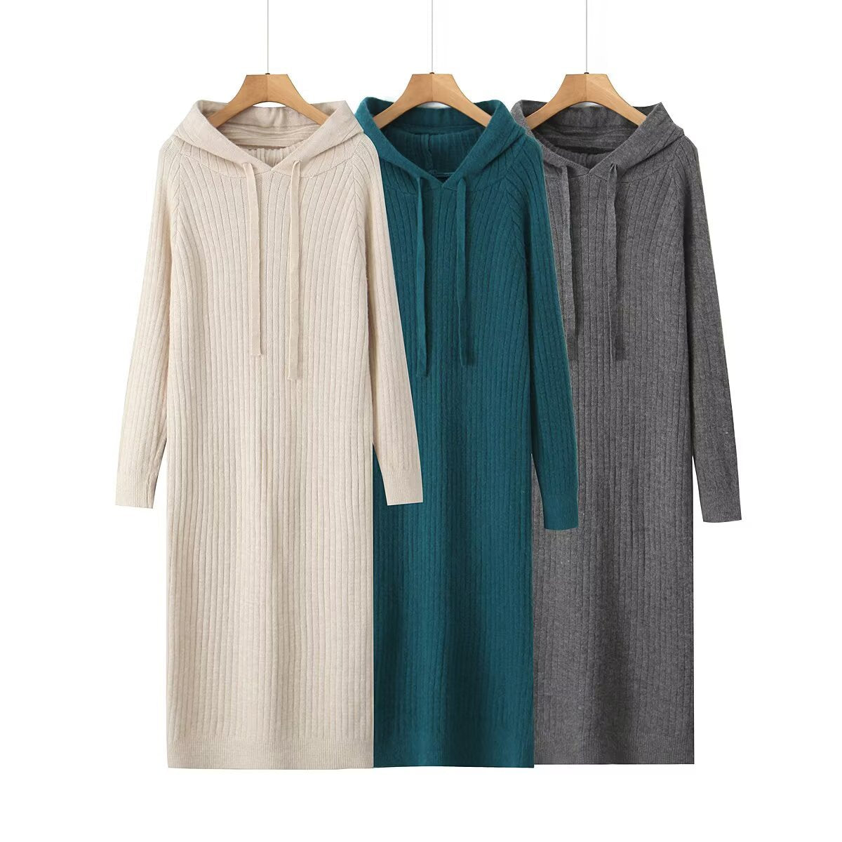 Damen Strickhoodiekleid Kapuze Rippenmuster Norvielle - Norvielle