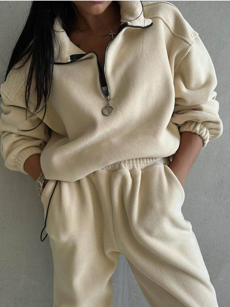 Damen Fleece-Loungewear-Set Elastischer Bund Halbzipper Beige