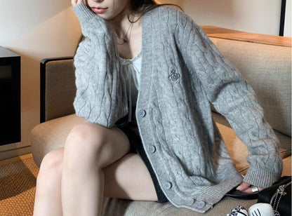 Damen Strickjacke Zopfmuster Große Knöpfe Norvielle