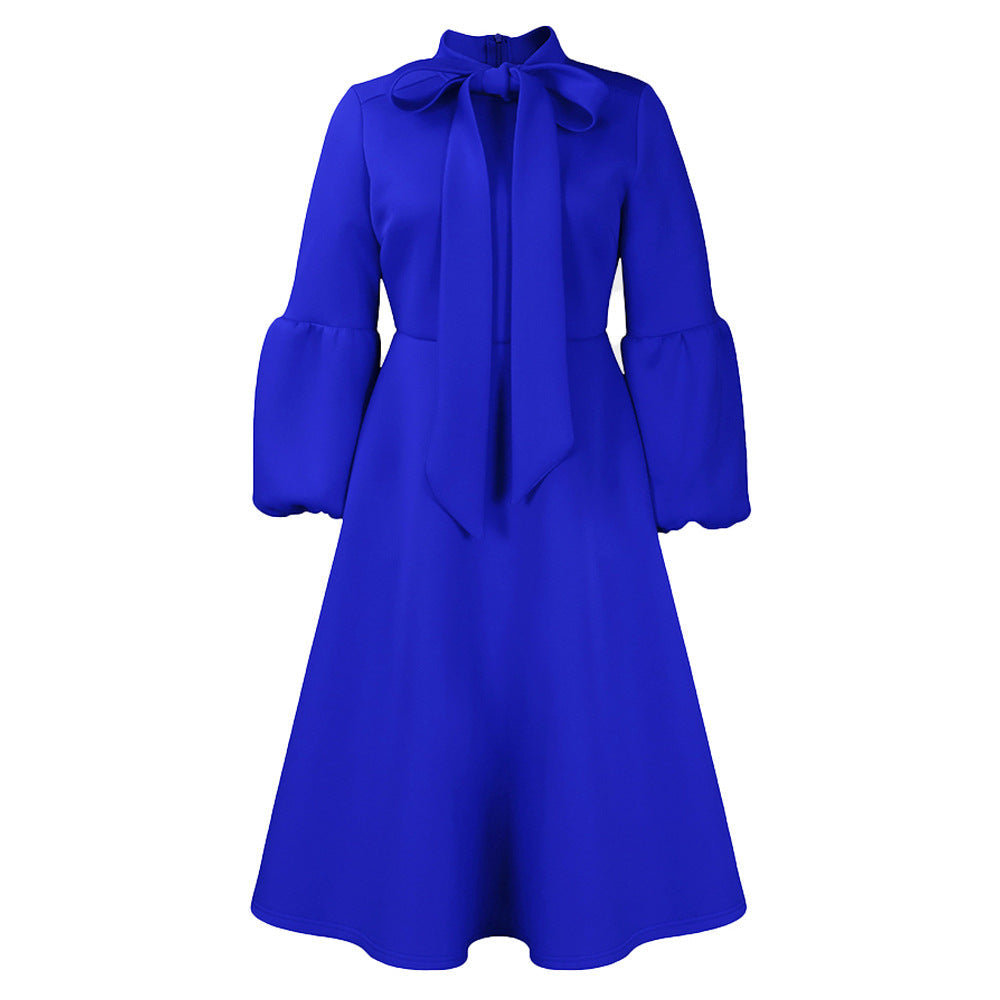 Damen Midi-Kleid Längere Puffärmel Elegante Schleife
