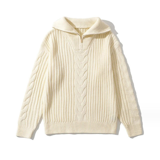 Damen Grobstrickpullover Zip-Kragen Zopf-Design Norvielle