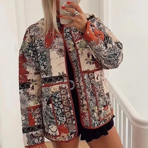Damen Steppjacke Floralmuster Praktische Taschen Norvielle - Norvielle