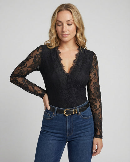 Damen Spitzenbody Langarm V-Ausschnitt