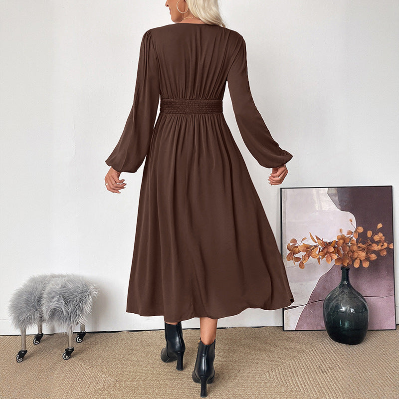 Damen Maxi-Kleid V-Ausschnitt Ballonärmel